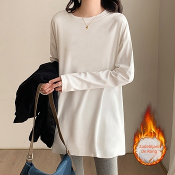 Bijela flis-bluza za žene, debela baza, jesen-zima, srednja duljina, slobodan kroj, zakrivljeni rub, dugi rukavi