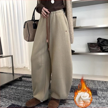 Ženske široke trenirke s vezicama i šivanom ukrasom, s flekso podstavom za zimu, debeli materijal, casual japansko-korejski stil