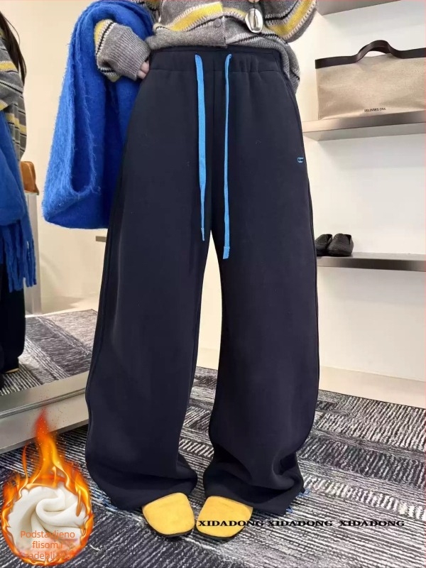Ženske široke trenirke s vezicama i šivanom ukrasom, s flekso podstavom za zimu, debeli materijal, casual japansko-korejski stil