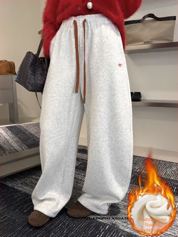 Ženske široke trenirke s vezicama i šivanom ukrasom, s flekso podstavom za zimu, debeli materijal, casual japansko-korejski stil