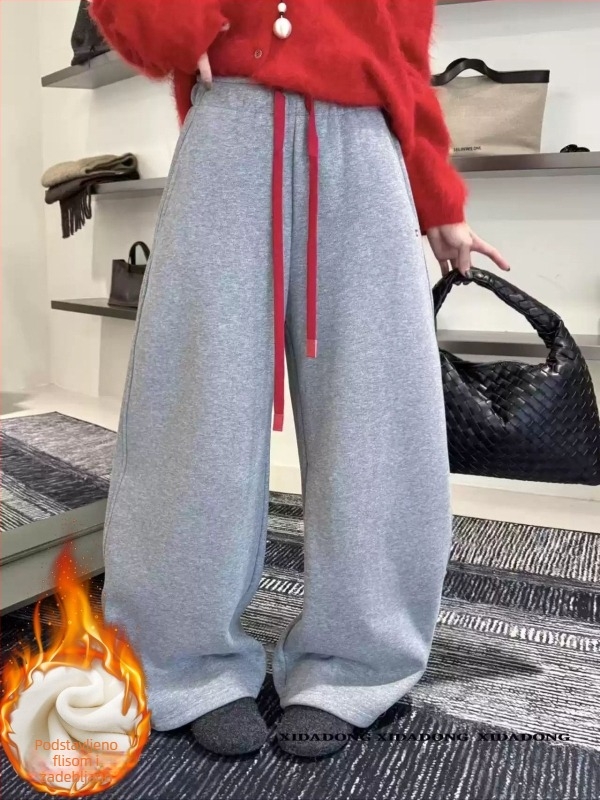 Ženske široke trenirke s vezicama i šivanom ukrasom, s flekso podstavom za zimu, debeli materijal, casual japansko-korejski stil