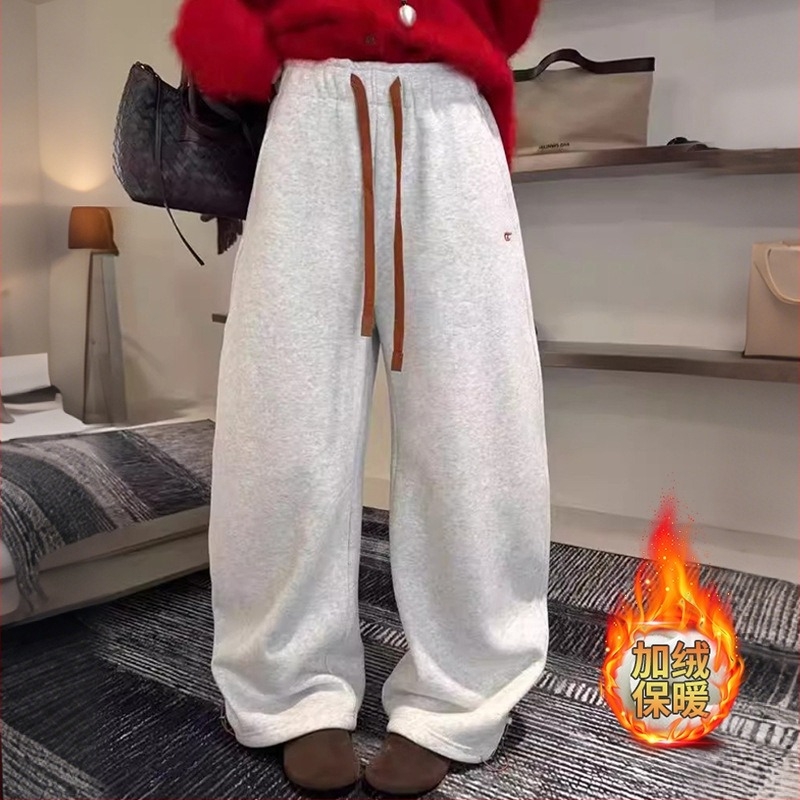 Ženske široke trenirke s vezicama i šivanom ukrasom, s flekso podstavom za zimu, debeli materijal, casual japansko-korejski stil