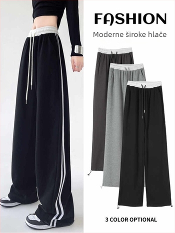 Ženske sportske hlače od pamuka s visokim strukom, elastičan pojas, široke nogavice, patchwork pruge