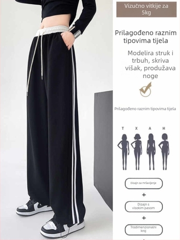 Ženske sportske hlače od pamuka s visokim strukom, elastičan pojas, široke nogavice, patchwork pruge