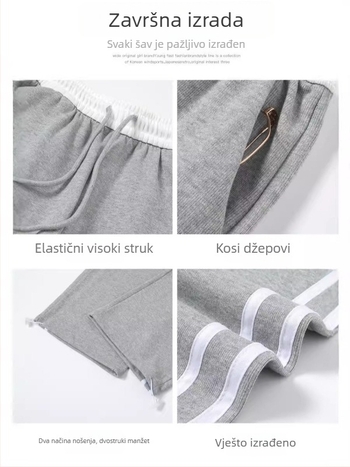 Ženske sportske hlače od pamuka s visokim strukom, elastičan pojas, široke nogavice, patchwork pruge