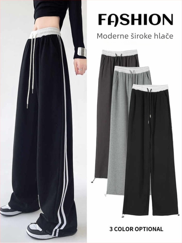 Ženske sportske hlače od pamuka s visokim strukom, elastičan pojas, široke nogavice, patchwork pruge
