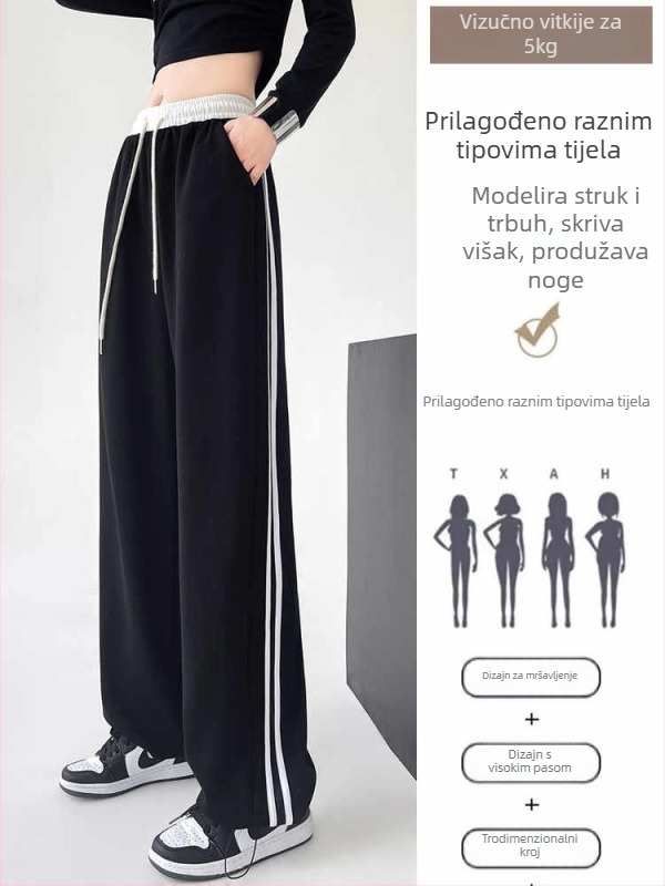Ženske sportske hlače od pamuka s visokim strukom, elastičan pojas, široke nogavice, patchwork pruge