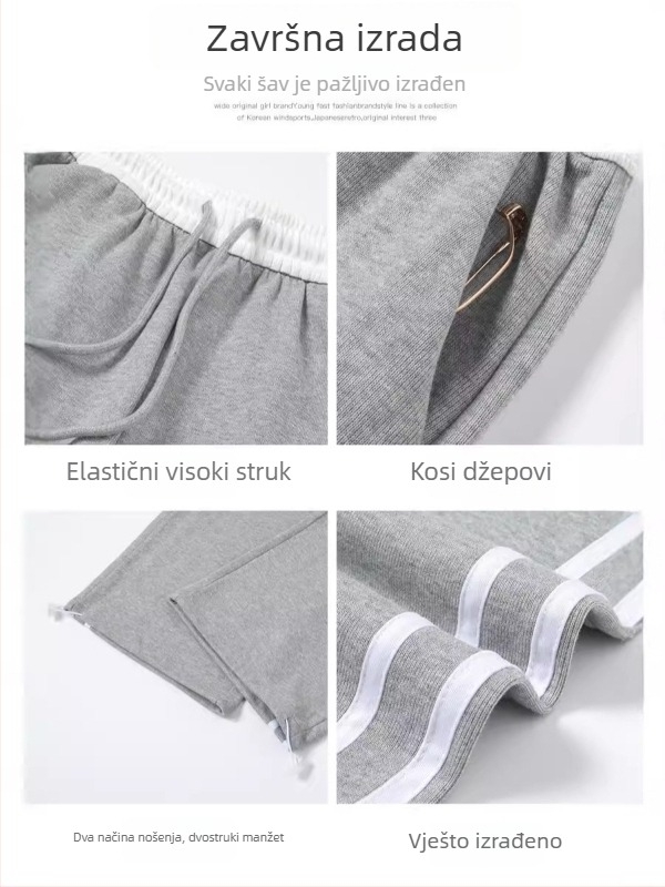 Ženske sportske hlače od pamuka s visokim strukom, elastičan pojas, široke nogavice, patchwork pruge