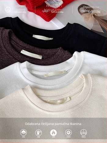Ženski T-shirt s dugim rukavom, uski kroj, vunena smjesa s 70–80% acetatnih vlakana, okrugli ovratnik, jesen 2025