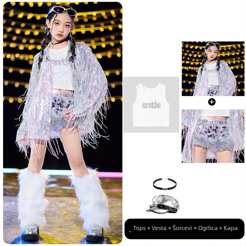 Dječji street dance outfit s resicama i štrasom, mekano tretirana tkanina, 80% poliester, unisex, za hip-hop/jazz izvedbu, izlazi jesen 2024