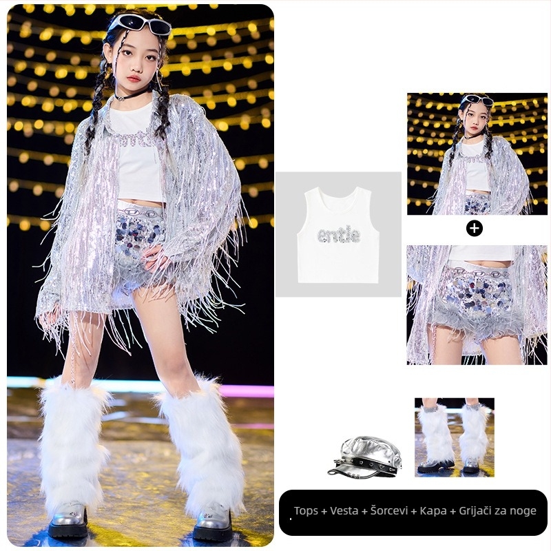 Dječji street dance outfit s resicama i štrasom, mekano tretirana tkanina, 80% poliester, unisex, za hip-hop/jazz izvedbu, izlazi jesen 2024
