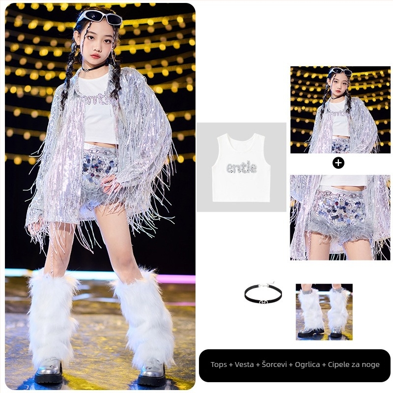 Dječji street dance outfit s resicama i štrasom, mekano tretirana tkanina, 80% poliester, unisex, za hip-hop/jazz izvedbu, izlazi jesen 2024