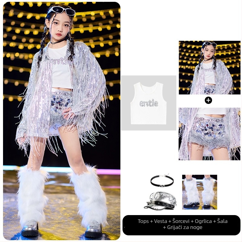 Dječji street dance outfit s resicama i štrasom, mekano tretirana tkanina, 80% poliester, unisex, za hip-hop/jazz izvedbu, izlazi jesen 2024