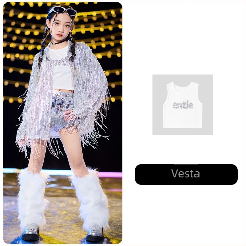 Dječji street dance outfit s resicama i štrasom, mekano tretirana tkanina, 80% poliester, unisex, za hip-hop/jazz izvedbu, izlazi jesen 2024