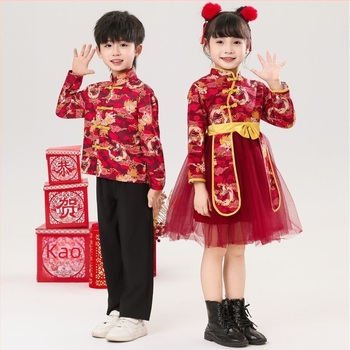 Set dječjeg folklornog kostima — tutu suknja, svečani kineski Tang stil, Maple View, unisex, ravna tkanina, 30–50% spandex, proljeće 2025