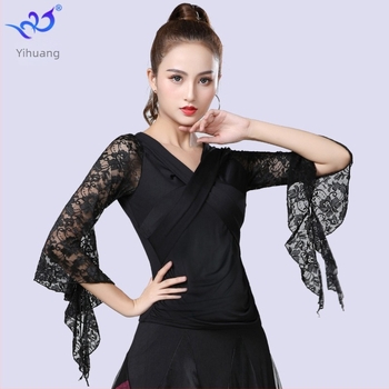 Top za ples s trumpetskim rukavima – ženski Milk Silk materijal; poliester + elastan; za ballroom/Latin/modern ples, proljeće 2023 (Brand: Yihuang; Materijal: Milk Silk; Glavni materijal: poliester + elastan; Prilike: ballroom/Latin/modern; Sezona: proljeć