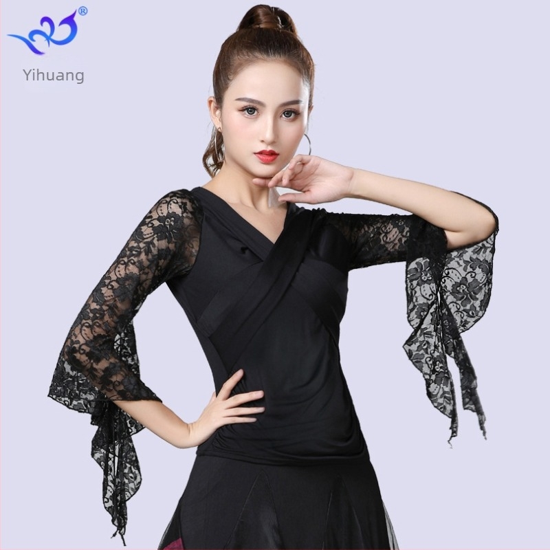 Top za ples s trumpetskim rukavima – ženski Milk Silk materijal; poliester + elastan; za ballroom/Latin/modern ples, proljeće 2023 (Brand: Yihuang; Materijal: Milk Silk; Glavni materijal: poliester + elastan; Prilike: ballroom/Latin/modern; Sezona: proljeć