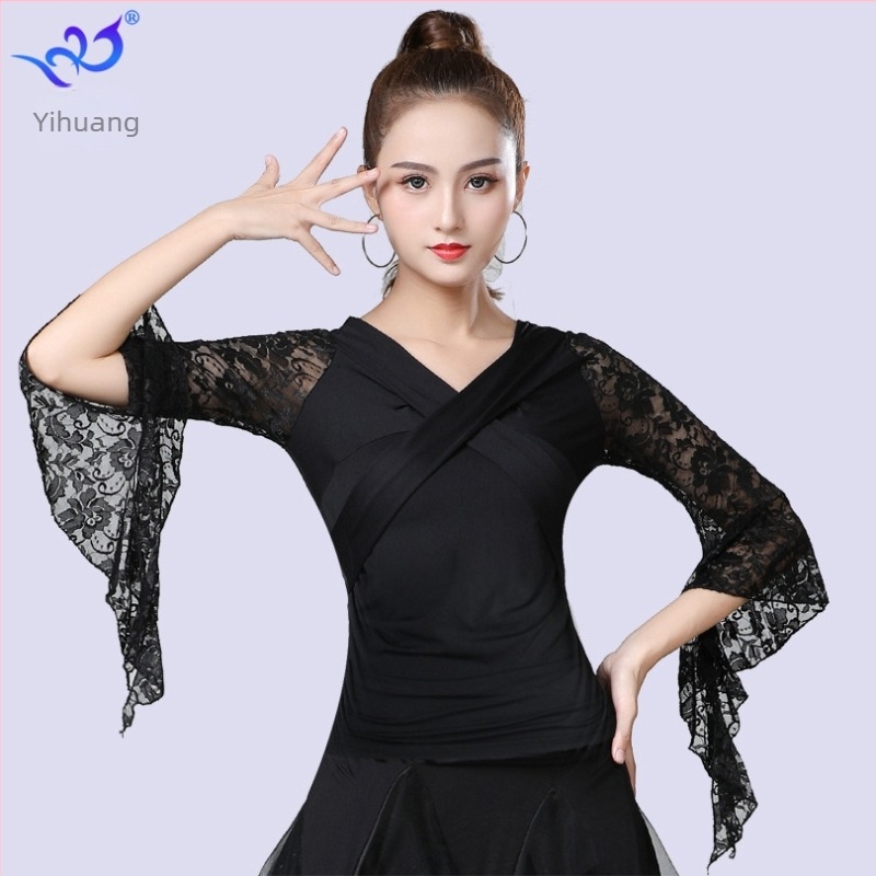 Top za ples s trumpetskim rukavima – ženski Milk Silk materijal; poliester + elastan; za ballroom/Latin/modern ples, proljeće 2023 (Brand: Yihuang; Materijal: Milk Silk; Glavni materijal: poliester + elastan; Prilike: ballroom/Latin/modern; Sezona: proljeć