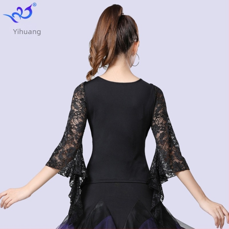 Top za ples s trumpetskim rukavima – ženski Milk Silk materijal; poliester + elastan; za ballroom/Latin/modern ples, proljeće 2023 (Brand: Yihuang; Materijal: Milk Silk; Glavni materijal: poliester + elastan; Prilike: ballroom/Latin/modern; Sezona: proljeć