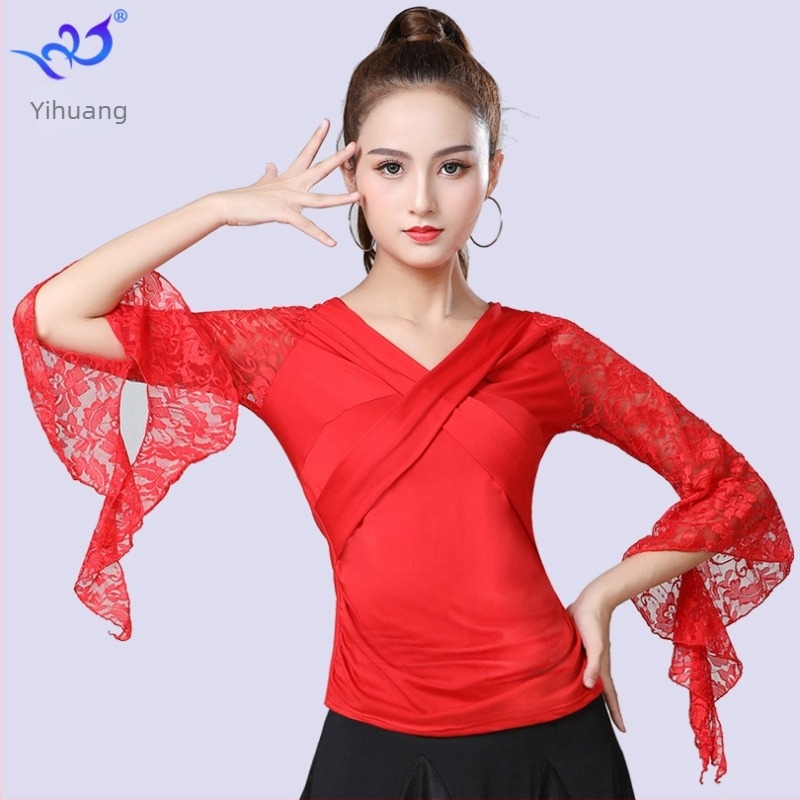 Top za ples s trumpetskim rukavima – ženski Milk Silk materijal; poliester + elastan; za ballroom/Latin/modern ples, proljeće 2023 (Brand: Yihuang; Materijal: Milk Silk; Glavni materijal: poliester + elastan; Prilike: ballroom/Latin/modern; Sezona: proljeć