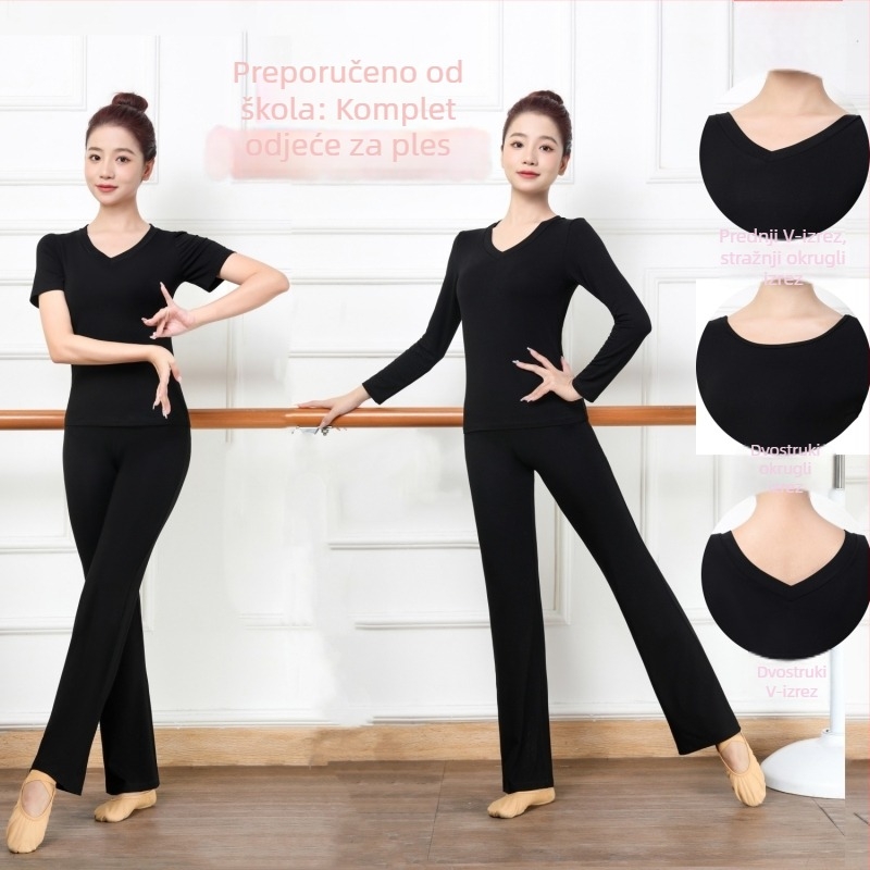 Ženski set za plesnu praksu: top s V-izrezom i prilagodljive hlače od chenille-spandex materijala, za moderan ples i pripremu za umjetnički ispit i etiketu.