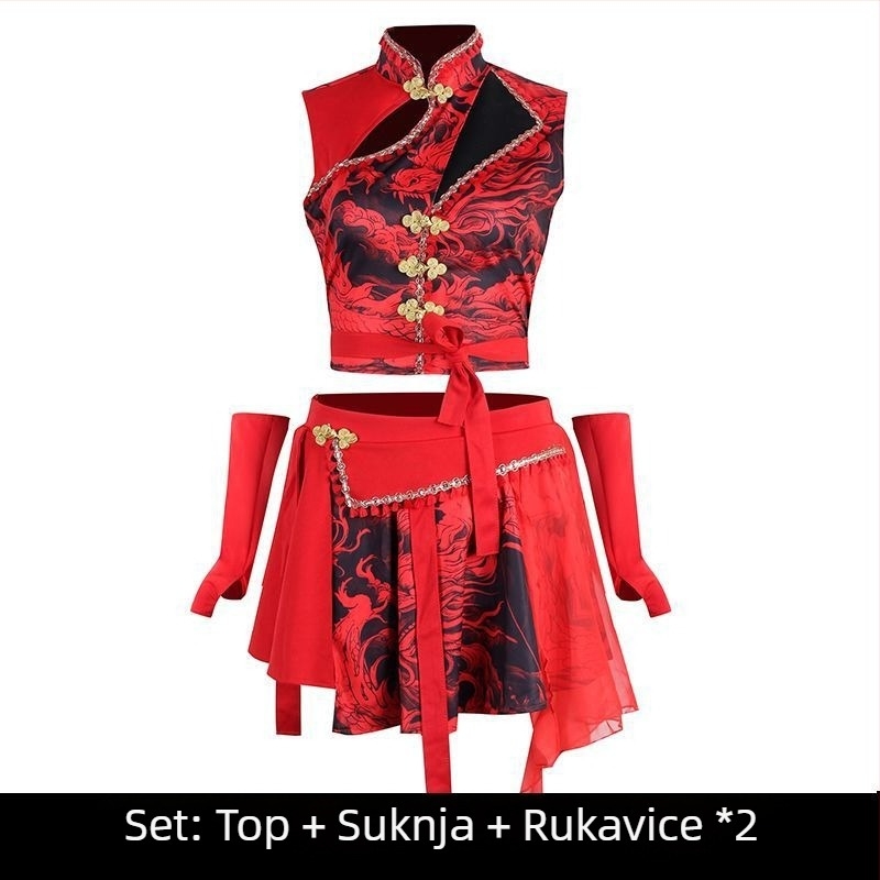 Crveni kostim za žensku grupu u stilu nacionalnog chic za scensko nastupanje, seksi odjevni komadi za grupni ulični ples i kostim za jazz ples za odrasle, novi model
