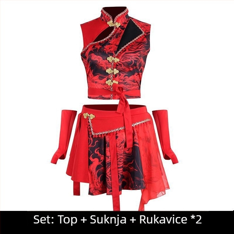 Crveni kostim za žensku grupu u stilu nacionalnog chic za scensko nastupanje, seksi odjevni komadi za grupni ulični ples i kostim za jazz ples za odrasle, novi model