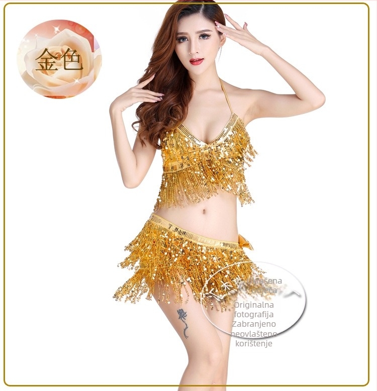 Dvodijelni kostim Belly Dance za pozornicu s resama i šljokicama - Yihuang; Bronzing tkanina (94% poliester, 6% elastan); Žena; Proljeće 2025
