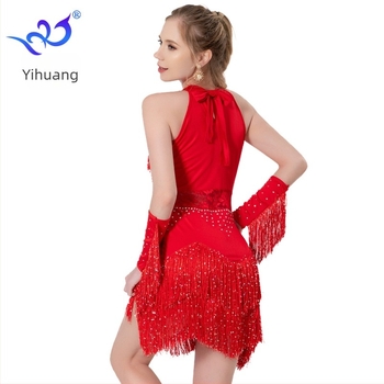 Yihuang Latinska plesna haljina s šljokicama i resicama, čipkasta, za scensku izvedbu (Milk Silk + Lace, Polyester + Spandex)