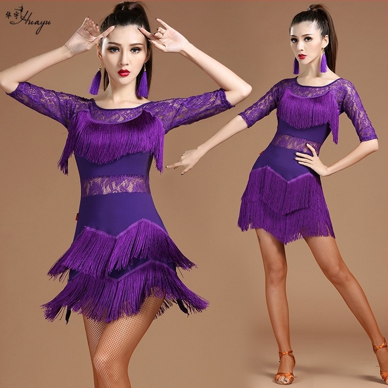Ženska haljina za latino ples s čipkom i resicama, tkaniina Milk Silk + čipka + resice, glavni materijal: Spandex, udio glavnog materijala 70–80%, ljeto 2022