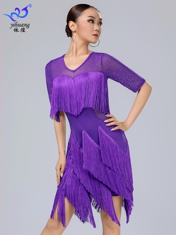 Yihuang latino plesna haljina s resicama za scenske nastupe - Milk Silk tkanina, 95% poliester + 5% spandex, za latino i ballroom ples, žena, ljeto 2025
