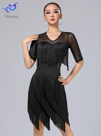 Yihuang latino plesna haljina s resicama za scenske nastupe - Milk Silk tkanina, 95% poliester + 5% spandex, za latino i ballroom ples, žena, ljeto 2025