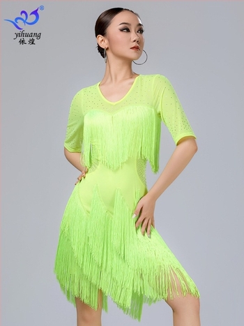 Yihuang latino plesna haljina s resicama za scenske nastupe - Milk Silk tkanina, 95% poliester + 5% spandex, za latino i ballroom ples, žena, ljeto 2025