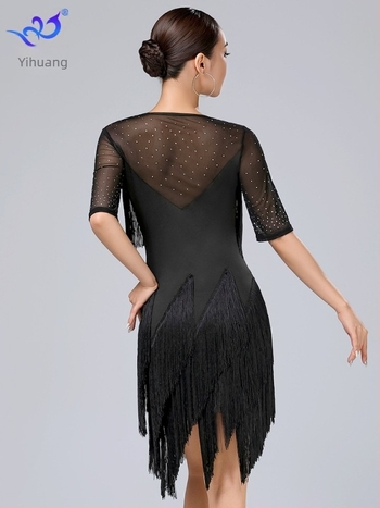 Yihuang latino plesna haljina s resicama za scenske nastupe - Milk Silk tkanina, 95% poliester + 5% spandex, za latino i ballroom ples, žena, ljeto 2025