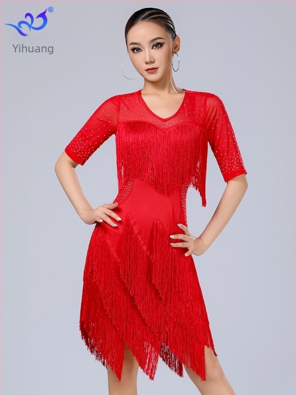 Yihuang latino plesna haljina s resicama za scenske nastupe - Milk Silk tkanina, 95% poliester + 5% spandex, za latino i ballroom ples, žena, ljeto 2025