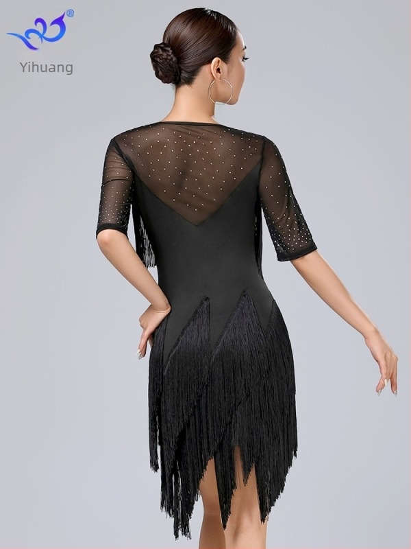 Yihuang latino plesna haljina s resicama za scenske nastupe - Milk Silk tkanina, 95% poliester + 5% spandex, za latino i ballroom ples, žena, ljeto 2025