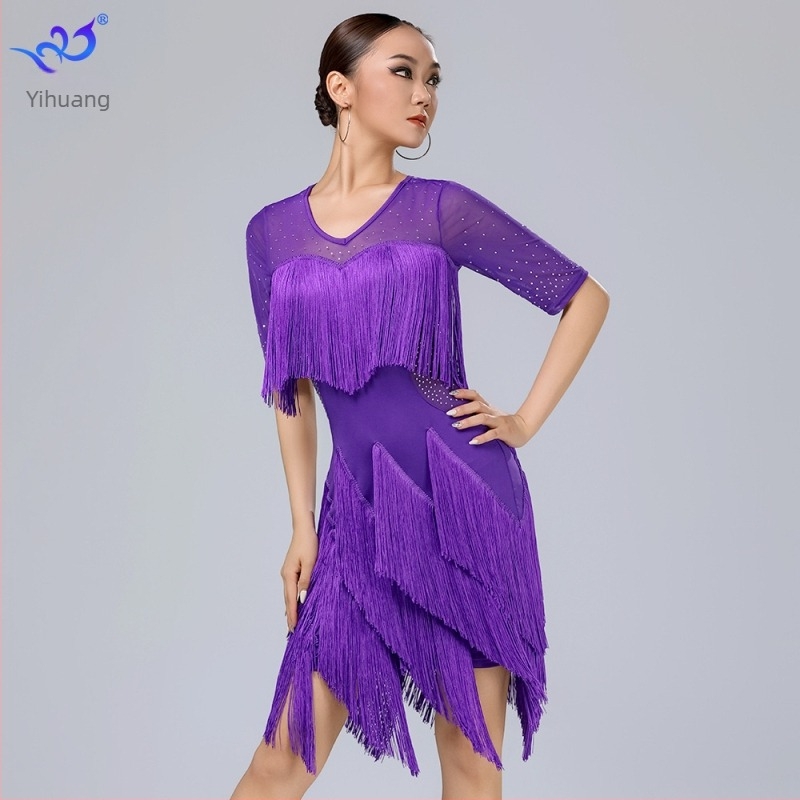 Yihuang latino plesna haljina s resicama za scenske nastupe - Milk Silk tkanina, 95% poliester + 5% spandex, za latino i ballroom ples, žena, ljeto 2025