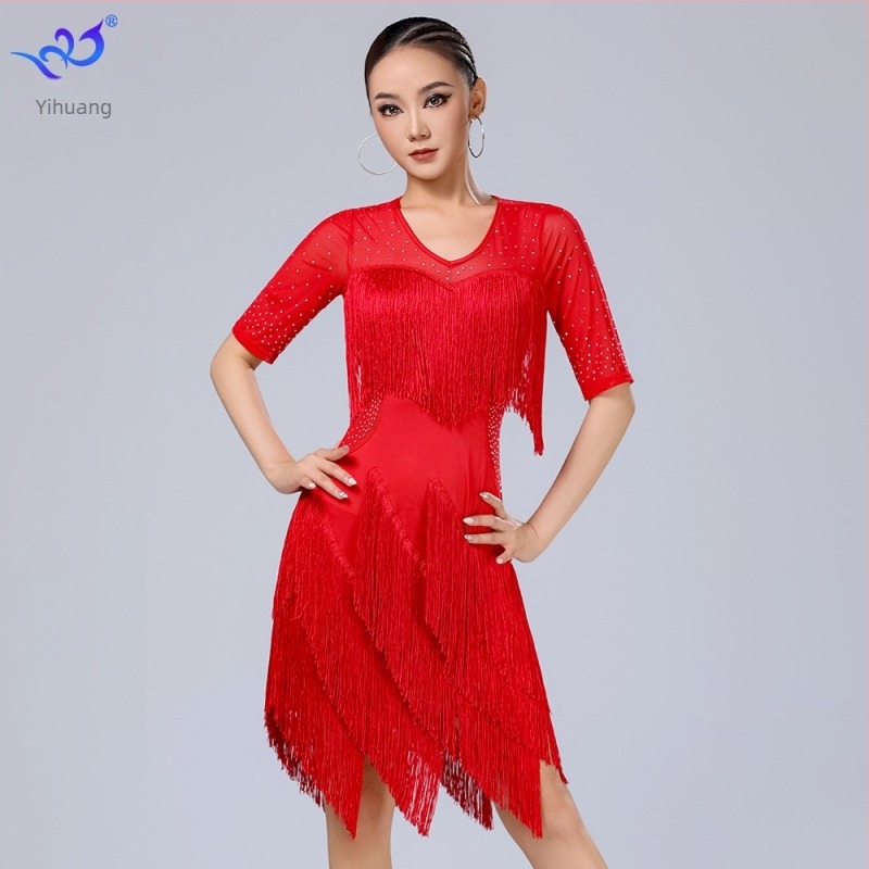 Yihuang latino plesna haljina s resicama za scenske nastupe - Milk Silk tkanina, 95% poliester + 5% spandex, za latino i ballroom ples, žena, ljeto 2025