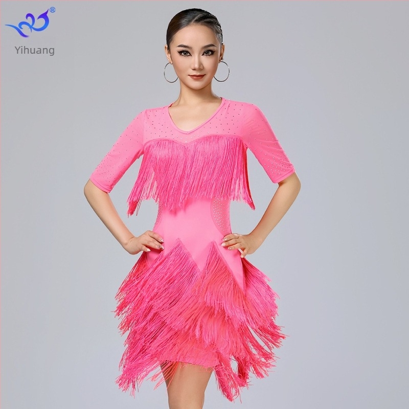Yihuang latino plesna haljina s resicama za scenske nastupe - Milk Silk tkanina, 95% poliester + 5% spandex, za latino i ballroom ples, žena, ljeto 2025