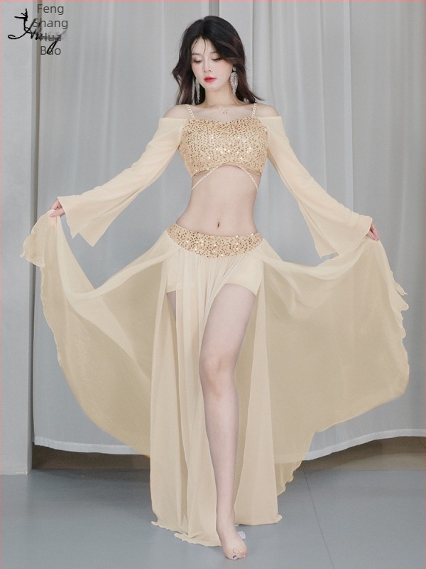 Huayu kostim za belly dance – dugi mrežasti set s štrasom, elastan, zima 2024, br. Fashion Huayu, s oznakom