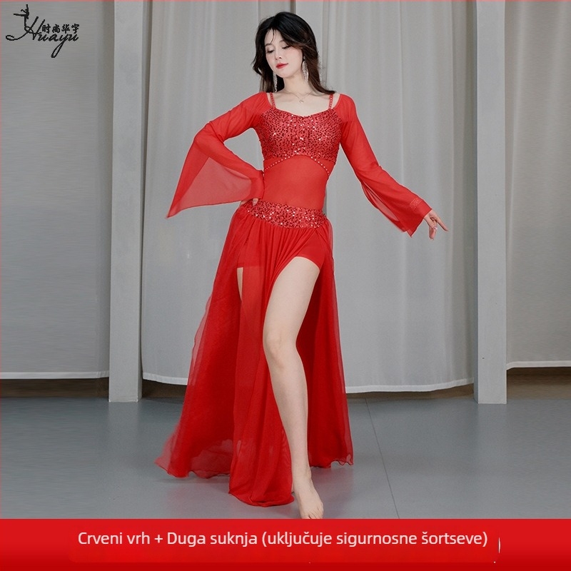 Huayu kostim za belly dance – dugi mrežasti set s štrasom, elastan, zima 2024, br. Fashion Huayu, s oznakom