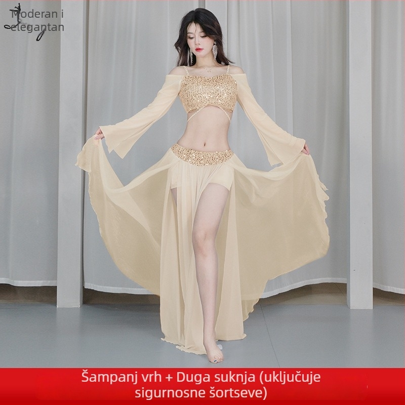 Huayu kostim za belly dance – dugi mrežasti set s štrasom, elastan, zima 2024, br. Fashion Huayu, s oznakom