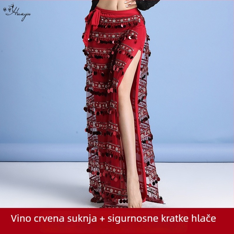 Kostim za belly dance za žene s šljokicama i resicama, od spandeksa i elastične mreže, za početnice, proljeće 2025