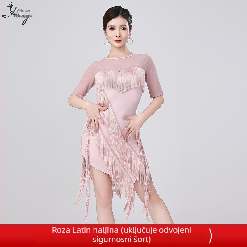 Latino plesna haljina s resama za žene, mreža + kristalna pamuk + resice, poliester 50–70% / najlon, ljeto 2025, profesionalni natjecateljski kostim za nastup