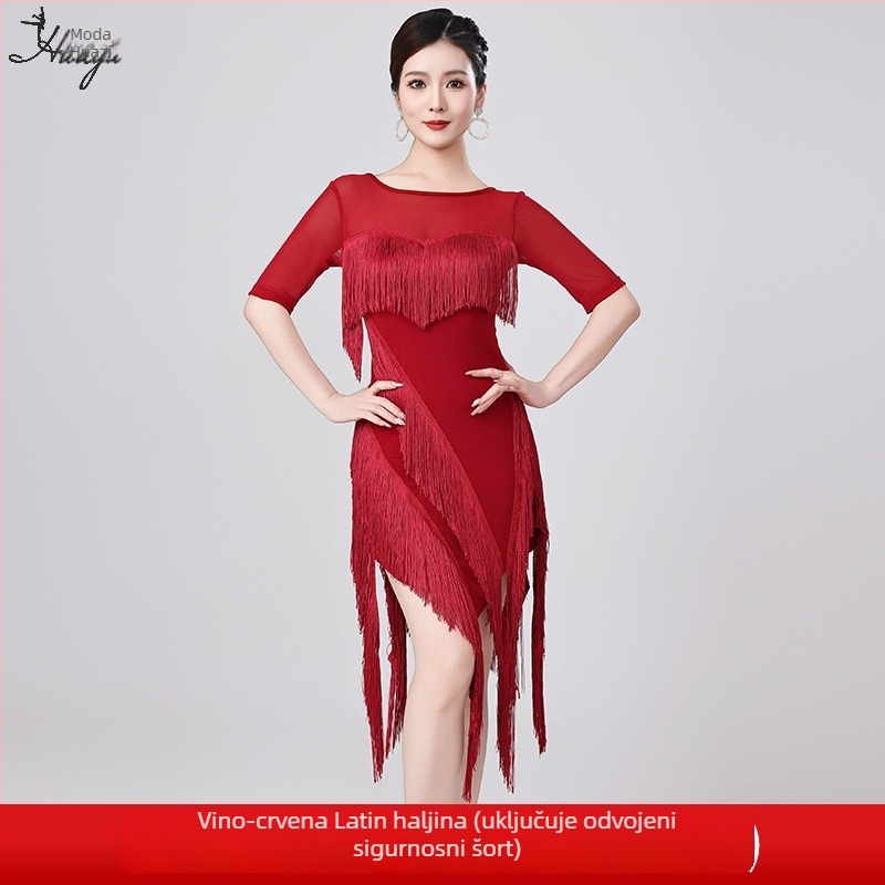 Latino plesna haljina s resama za žene, mreža + kristalna pamuk + resice, poliester 50–70% / najlon, ljeto 2025, profesionalni natjecateljski kostim za nastup