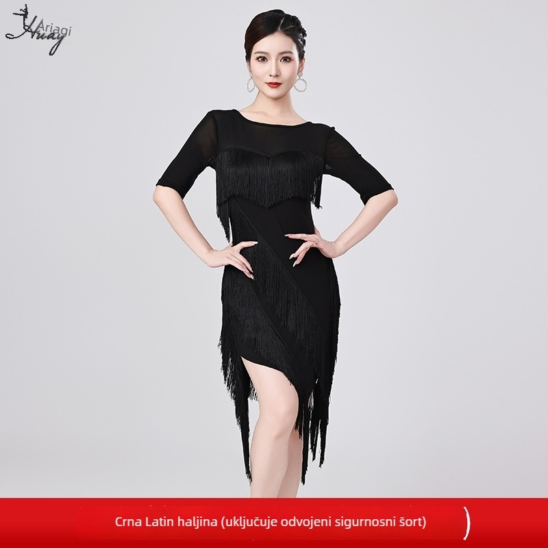 Latino plesna haljina s resama za žene, mreža + kristalna pamuk + resice, poliester 50–70% / najlon, ljeto 2025, profesionalni natjecateljski kostim za nastup