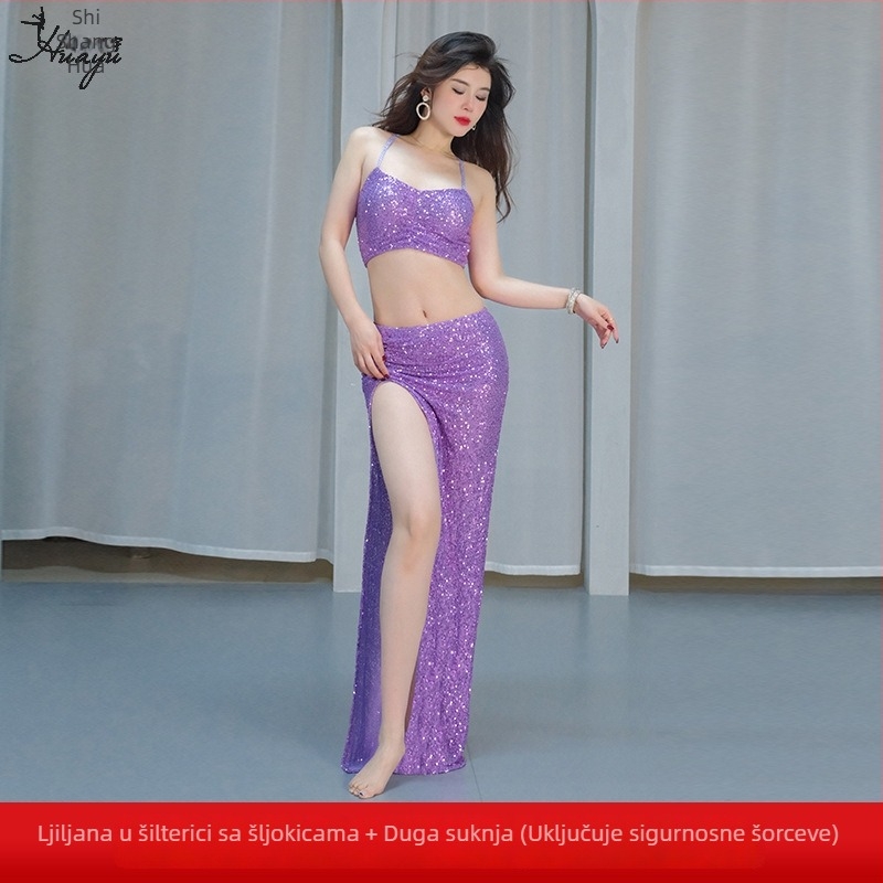 Kostim za ples trbuha s mrežom i šljokicama, duga suknja - poliester, ljeto 2025, za žene