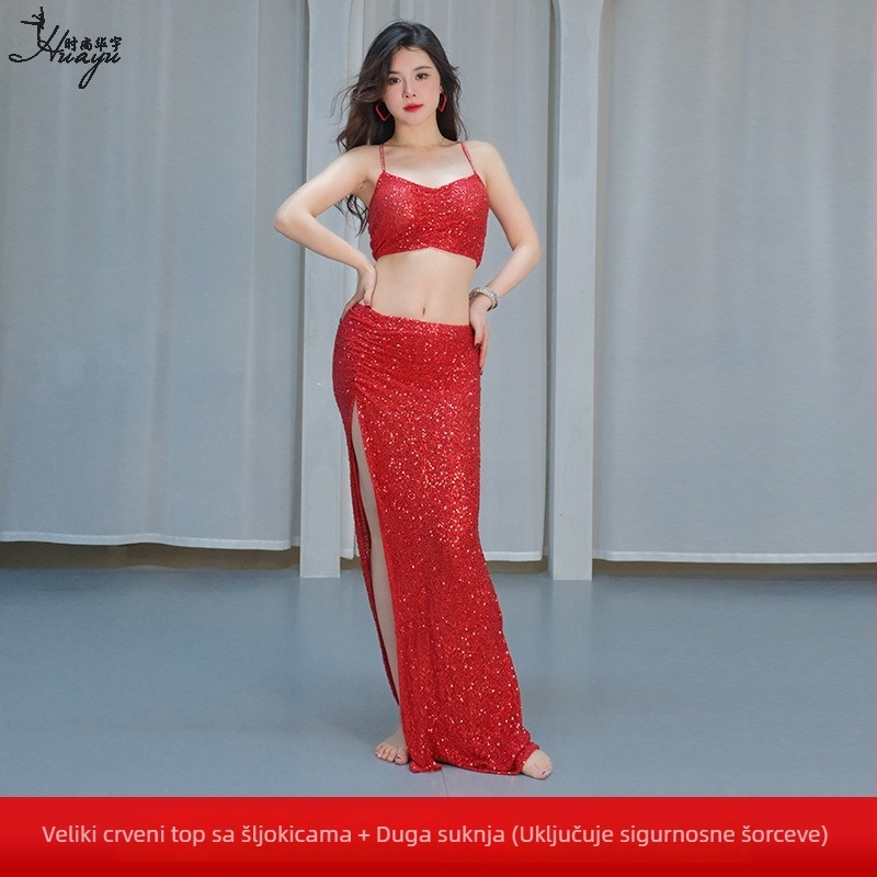 Kostim za ples trbuha s mrežom i šljokicama, duga suknja - poliester, ljeto 2025, za žene