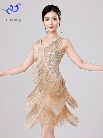 Nova latino plesna haljina s šljokicama i resicama za scenske nastupe — mreža sa šljokicama, poliester 95% + elastan