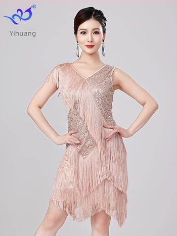 Nova latino plesna haljina s šljokicama i resicama za scenske nastupe — mreža sa šljokicama, poliester 95% + elastan